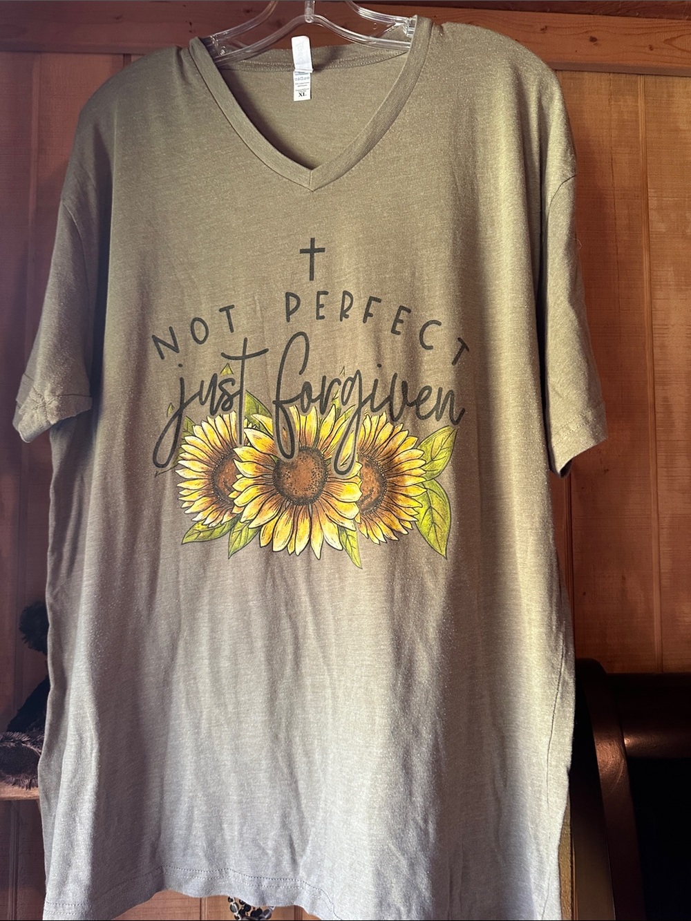 Not Perfect Just Forgiven Sunflower Graphic V-Neck Tee - Olive cpvd